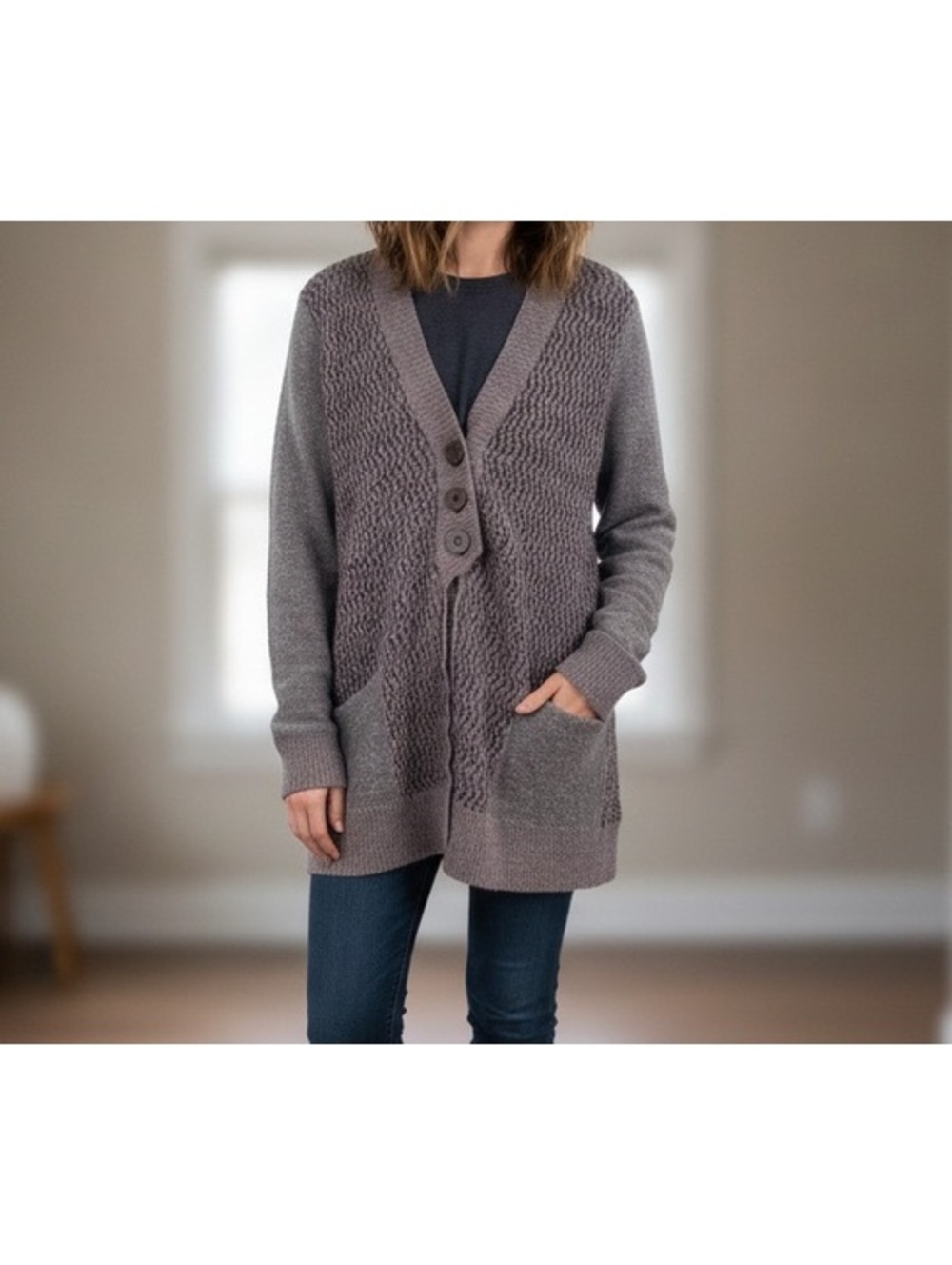 Free People Women Cardigan Chunky Knit Button Front Gray Medium